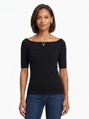 Boston Proper Black Ribbed Short-Sleeve Knit Top Small